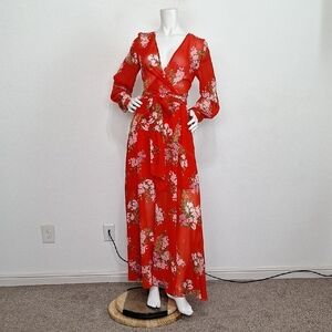 Indigo Rose Red Floral Boho Dark Cottagecore Fairy Belted Maxi Dress Size M